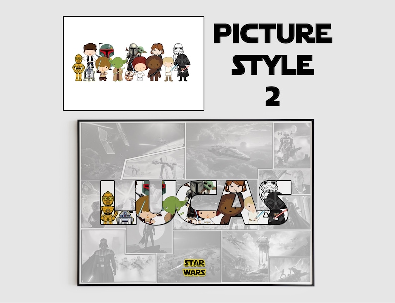 以下が含まれることがあります： 黒いフレームの中にスターウォーズのキャラクターのコラージュ。キャラクターは「Lucas」という名前を綴るように配置されています。画像には「Star Wars」というテキストが含まれています。