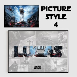 以下が含まれることがあります： スター・ウォーズをテーマにしたコラージュで、青い白のフォントで「Lucas」という名前が書かれています。コラージュには、TIEファイター、AT-ATウォーカー、ダース・ベイダーの画像が含まれています。「スター・ウォーズ」というテキストもコラージュに含まれています。
