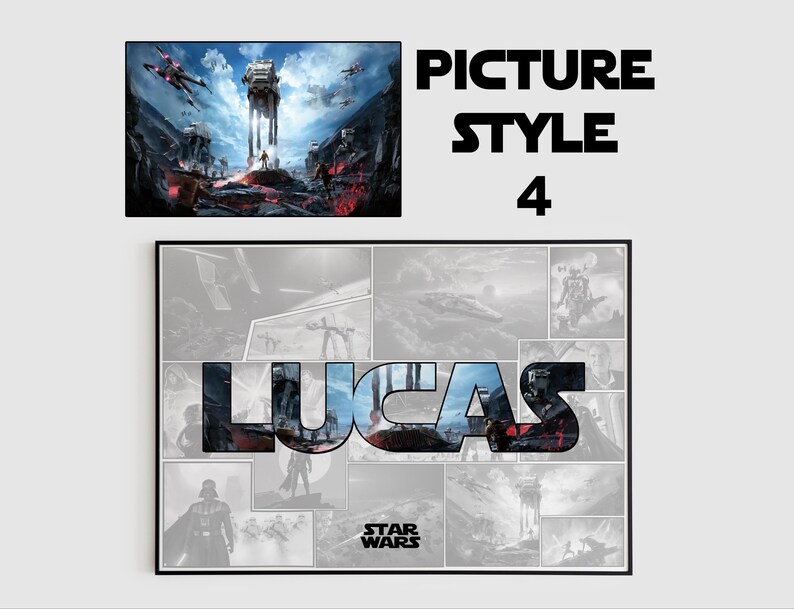 以下が含まれることがあります： スター・ウォーズをテーマにしたコラージュで、青い白のフォントで「Lucas」という名前が書かれています。コラージュには、TIEファイター、AT-ATウォーカー、ダース・ベイダーの画像が含まれています。「スター・ウォーズ」というテキストもコラージュに含まれています。