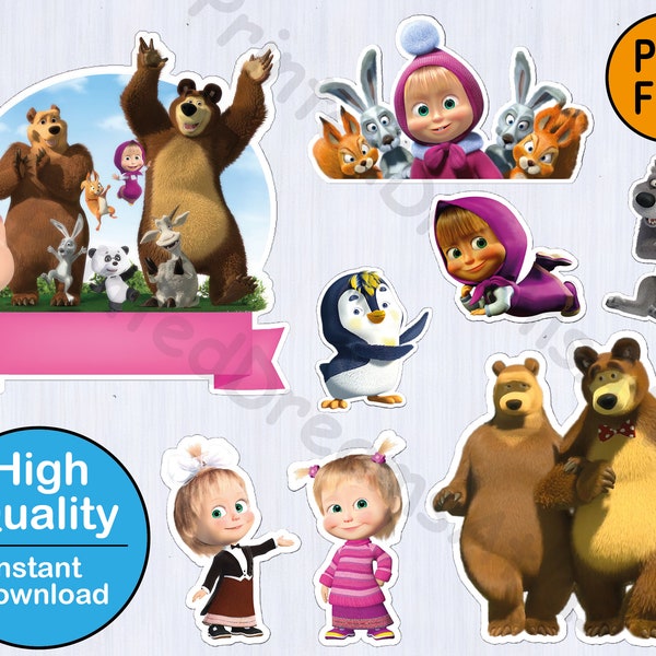 Masha and The Bear Instant Download - Digital Clipart, Party Supplies, Cake Topper, SVG & PNG Files, Printable Clipart, Masha Cake Topper,