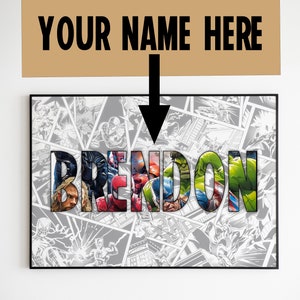 Impressão personalizada de arte com nome de super-herói, download digital, arte com nome personalizado, decoração de quarto infantil, decoração de berçário, presente para crianças, pôster de super-herói,