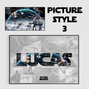 以下が含まれることがあります： スター・ウォーズをテーマにした、白黒のコラージュで、「LUCAS」という名前が大きな文字で書かれています。コラージュには、宇宙船、惑星、スター・ウォーズのキャラクターの画像が含まれています。「STAR WARS」というテキストもコラージュに含まれています。
