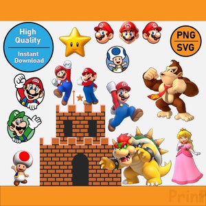 Puede incluir: Un conjunto de clipart digital con personajes de la franquicia de videojuegos Super Mario Bros. El conjunto incluye a Mario, Luigi, la princesa Peach, Bowser, Donkey Kong, Toad y una estrella. Los personajes están en varias poses y expresiones. El clipart está en formato PNG y SVG.