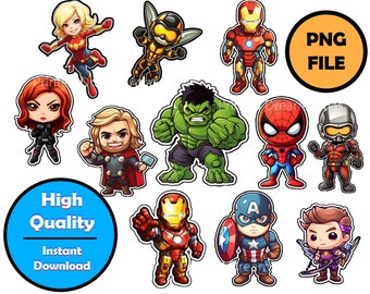 Instant Download Cute Avengers Cartoon PNG Set, Cake Topper, Party Supplies, Iron Man, Hulk, Spiderman, Captain America, Thor, Printable Art