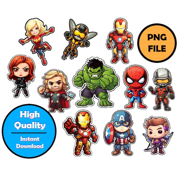 Instant Download Cute Avengers Cartoon PNG Set, Cake Topper, Party Supplies, Iron Man, Hulk, Spiderman, Captain America, Thor, Printable Art