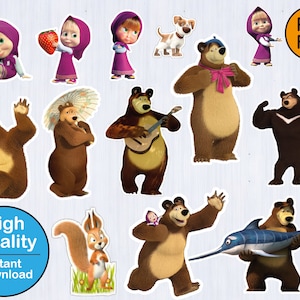 May include: A set of 12 cartoon character images featuring a bear, a squirrel, and a girl in a red hooded cloak. The characters are from the popular Russian cartoon Masha and the Bear. The images are in PNG format and are high quality.