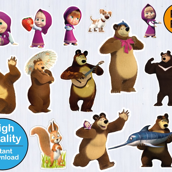 Instant Download Masha and The Bear Clipart Set - Digital PNG Files, Nursery Decor, Party Supplies, Masha Clipart, Clipart Set, Kids Art,