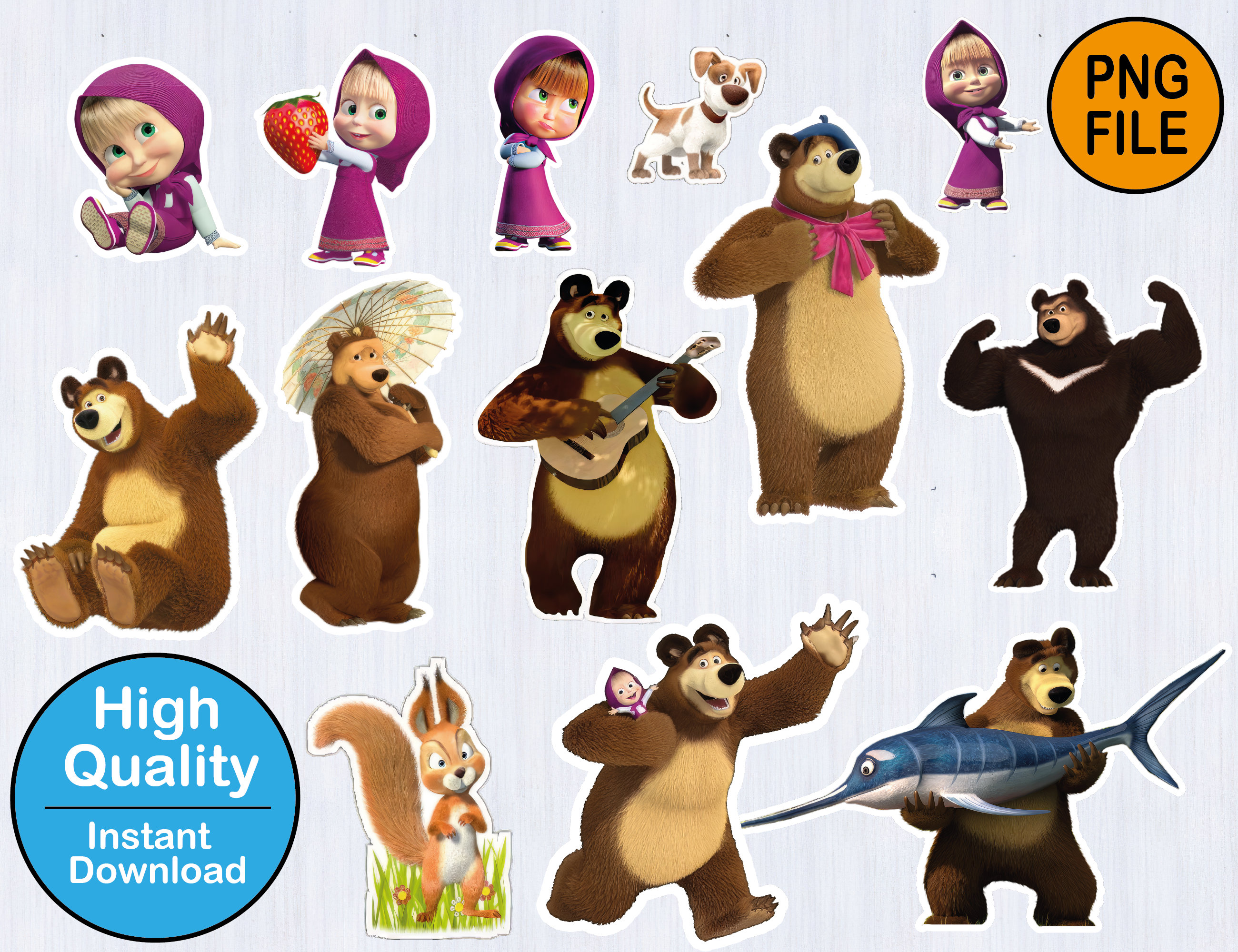 Instant Download Masha and the Bear Clipart Set - Digital PNG Files