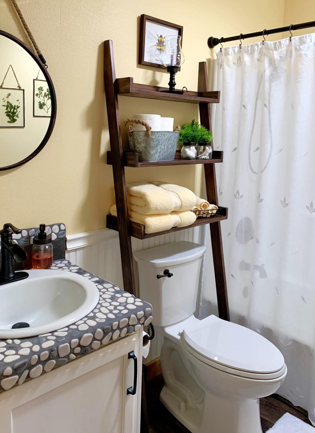 Over the Toilet Ladder Shelf DIY Plans, Farmhouse Bathroom Storage