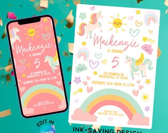 Editable Unicorn Birthday Invitation | 2 Color Options Included | Magical Pastel Party Template | Girl's Unicorn Birthday | Digital Download