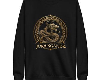 May include: Black sweatshirt featuring a gold-colored illustration of a dragon within a circular Celtic knot design. The word "JÖRMUNGANDR" is printed in gold below the dragon. The sweatshirt has a crew neck and long sleeves.