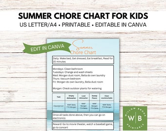 Summer Chore Chart for Kids, Editable in Canva, Printable Teen Chore Chart