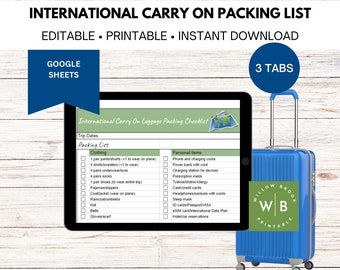 International carry on luggage packing list, carry-on bag, printable travel packing list