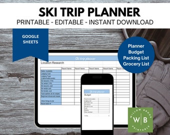 Family Ski Trip Planner, Editable Google Sheets Vacation Planner, Packing List