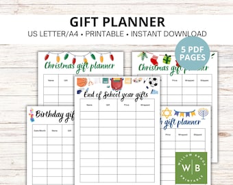 Gift List Planner, printable Christmas present list, Birthday gift tracker, End of School presents