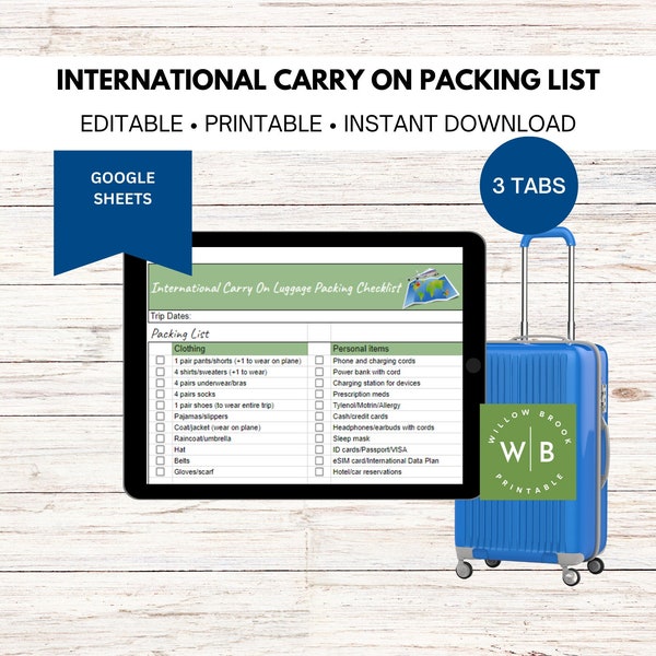 International carry on luggage packing list, carry-on bag, printable travel packing list