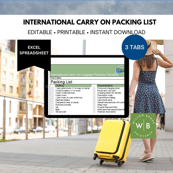 Internationale handbagagechecklist, afdrukbare Excel-planner, reisbenodigdheden