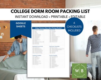 Freshman Dorm Packing List, Editable in Google Sheets, College Student Moving to Dorm