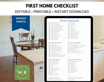Könnte beinhalten: Eine druckbare Checkliste für das Einpacken des ersten Zuhauses, mit Abschnitten für Haushaltsgrundausstattung, Erste-Hilfe-Kasten, wichtige Dokumente, elektronische Grundausstattung, Reinigungsmittel, Schul-/Bürobedarf, Übertragungsaufzeichnungen und Wartungsbedarf. Die Checkliste wird auf einem Tablet-Bildschirm angezeigt.