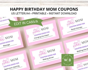 Happy Birthday Mom coupons, editable and printable template