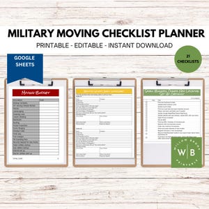 May include: Three printable checklists for military moving, including a moving budget, a checklist for selling a home, and a checklist for setting up a small business in a new location. The checklists are in a yellow, red, and green color scheme.
