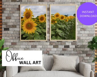 Field of Sunflowers wall art printable, set of 2 living room art, office decor, nature art