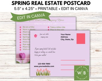 Spring realtor marketing postcard, real estate agent bucket list mailer template