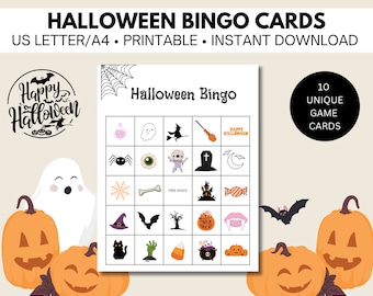 10 Halloween Bingo cards, printable party games, unique bingo cards