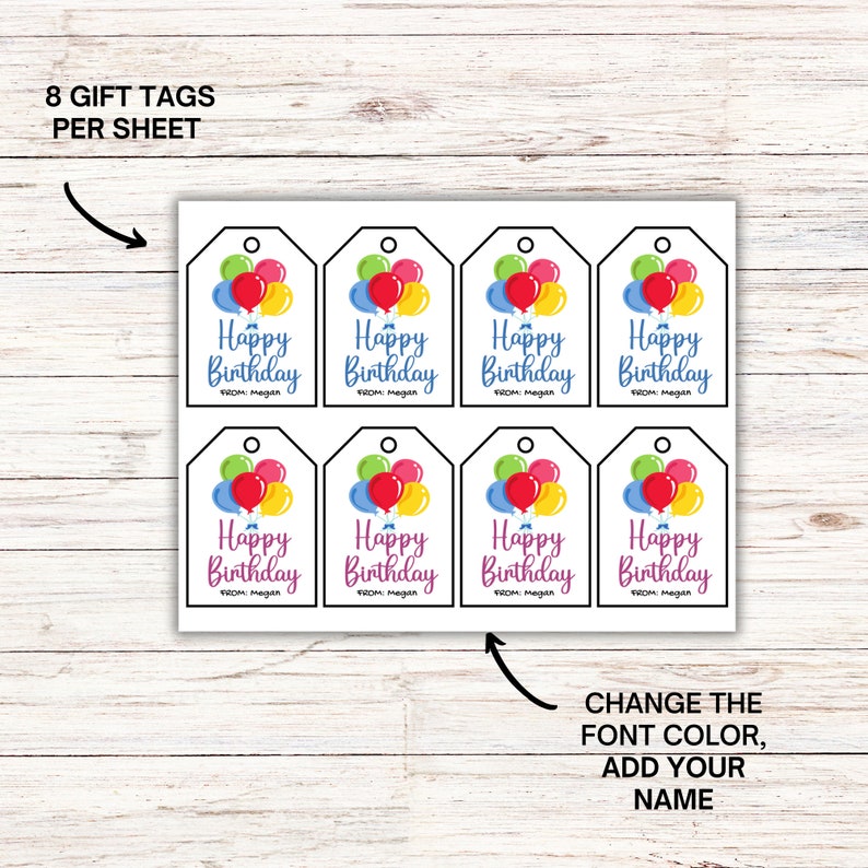 Rainbow Balloons Happy Birthday Tag, Printable Canva Gift Tags ...