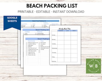 Beach Packing Checklist, Google Sheets, Summer Vacation Packing List