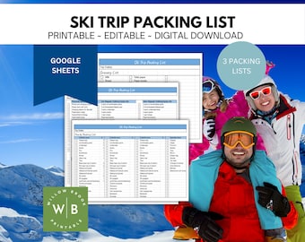 Family Ski Trip packing list, google sheets, editable packing checklist, vacation packing, family packing list