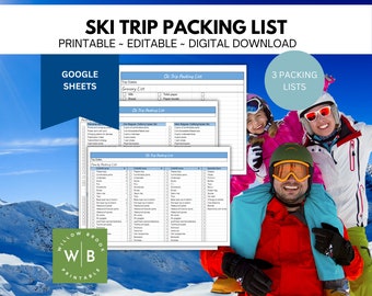 Family Ski Trip packing list, google sheets, editable packing checklist, vacation packing, family packing list