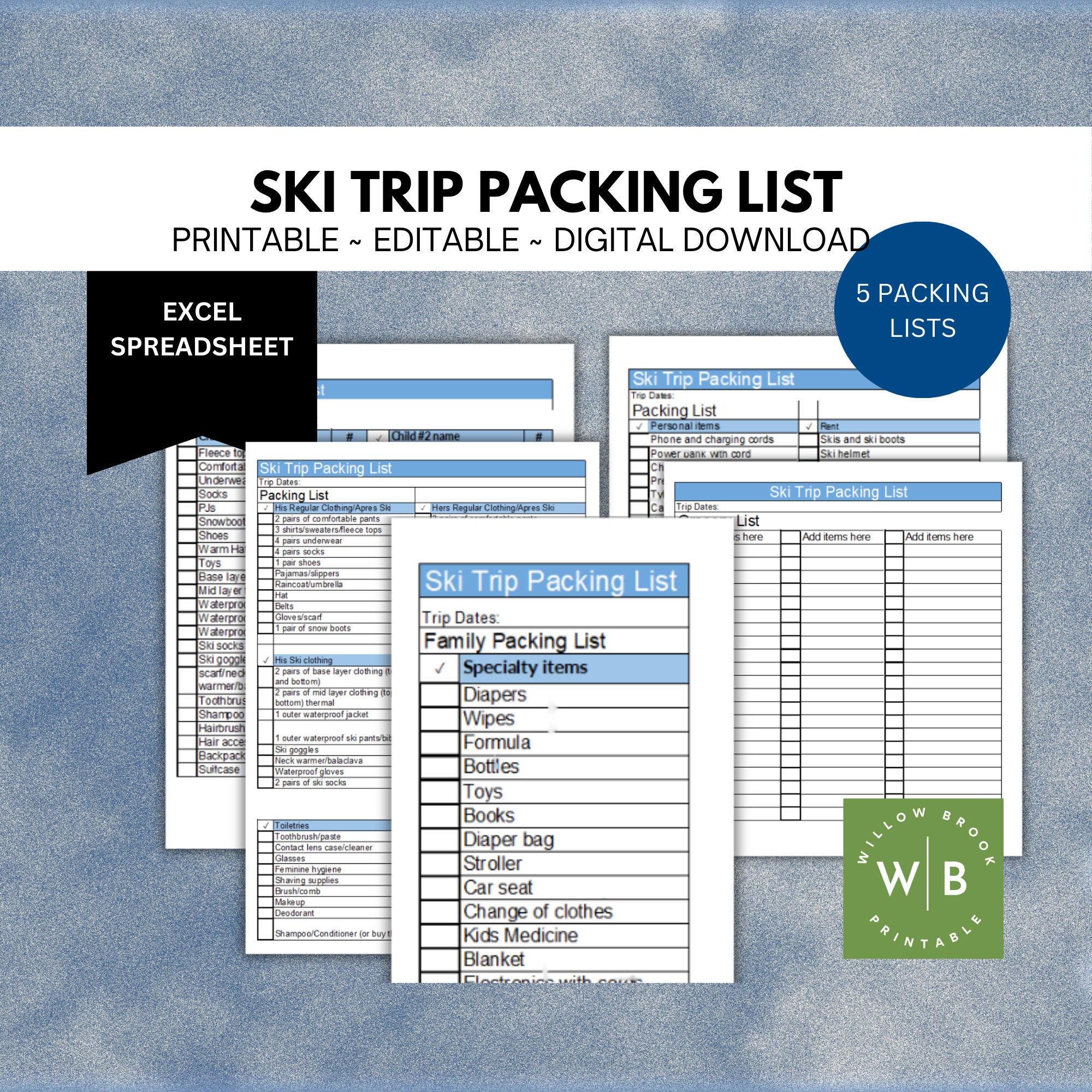Ski Trip Packing List, MS Excel, digital checklist, family vacation