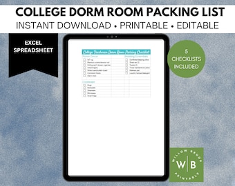 College Freshman Dorm Room Packing List, Printable Checklist, Excel Workbook