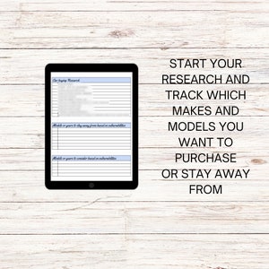 May include: A digital tablet displaying a car buying research checklist. The checklist includes sections for models or years to stay away from and models or years to consider based on vulnerabilities. The text "Start your research and track which makes and models you want to purchase or stay away from" is displayed above the tablet.