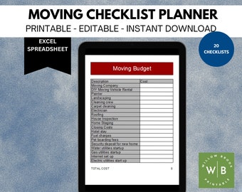 Moving Checklist Planner, MS Excel, Relocation guide, Packing tips