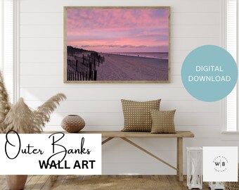 Outer Banks Pink Sunset Digital Wall Art, Beach house decor, calming wall art