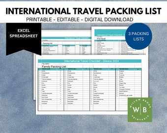 International Trip Travel Packing List Template, Editable MS Excel, Printable Checklist