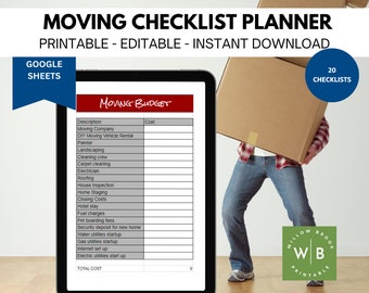 Moving Checklist Planner, Printable Google Sheets, Moving To-Do List