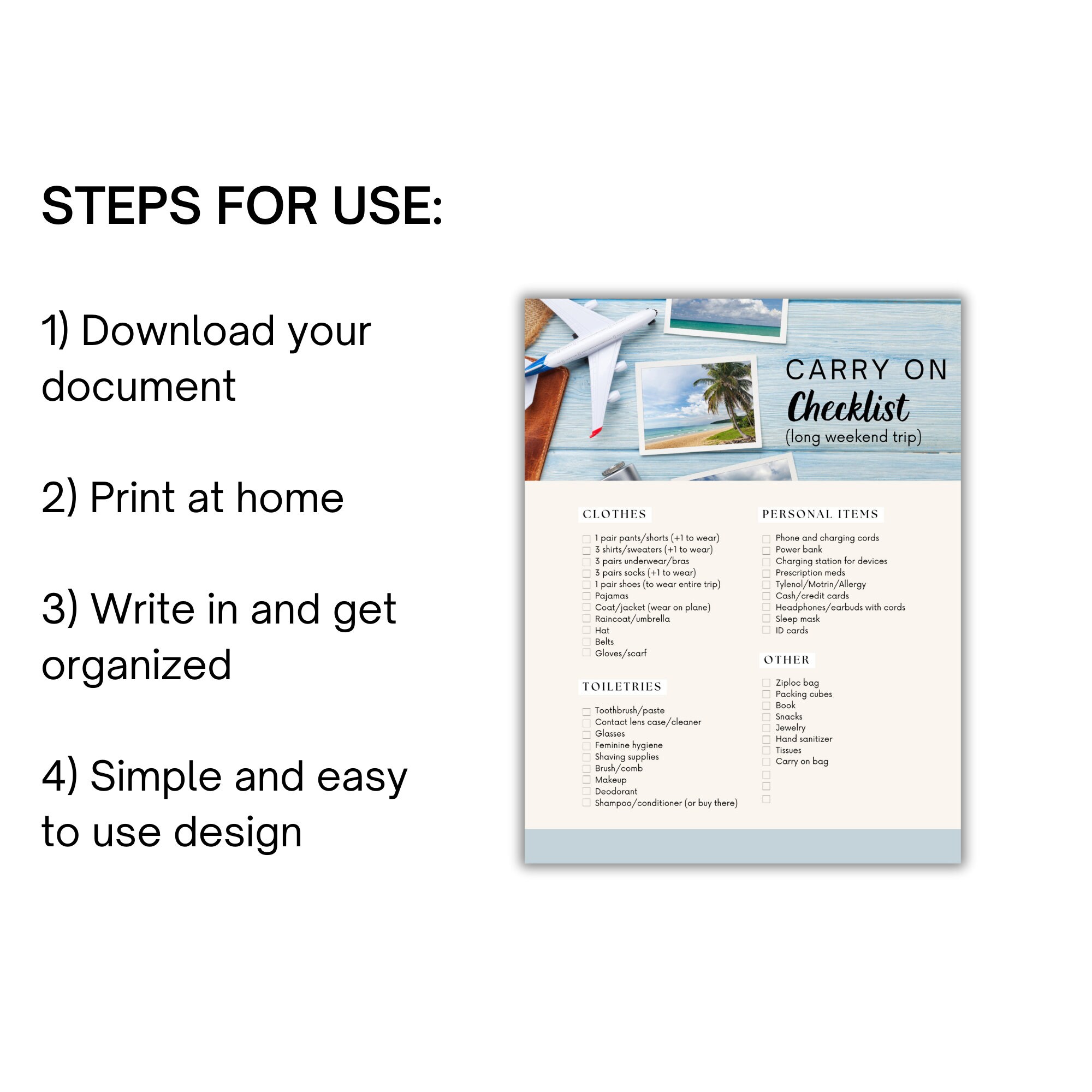 Carryon Bag Packing List Printable Travel Vacation Planner - Etsy