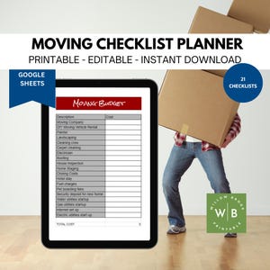 May include: A printable moving checklist planner with a moving budget spreadsheet. The checklist includes items like moving company, painter, landscaping, cleaning crew, carpet cleaning, electrician, roofing, house inspection, home staging, closing costs, hotel stay, fuel charges, pet boarding fees, security deposit for a new home, water utilities startup, gas utilities startup, internet setup, and electric utilities startup. The spreadsheet has columns for description and cost.