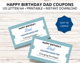 Happy Birthday Dad coupons, customizable dad gift from kids, coupon book for him