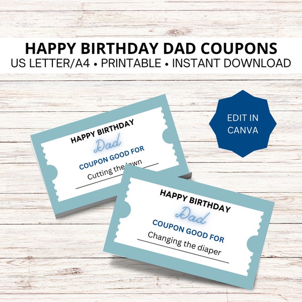 Happy Birthday Dad coupons, customizable dad gift from kids, coupon book for him