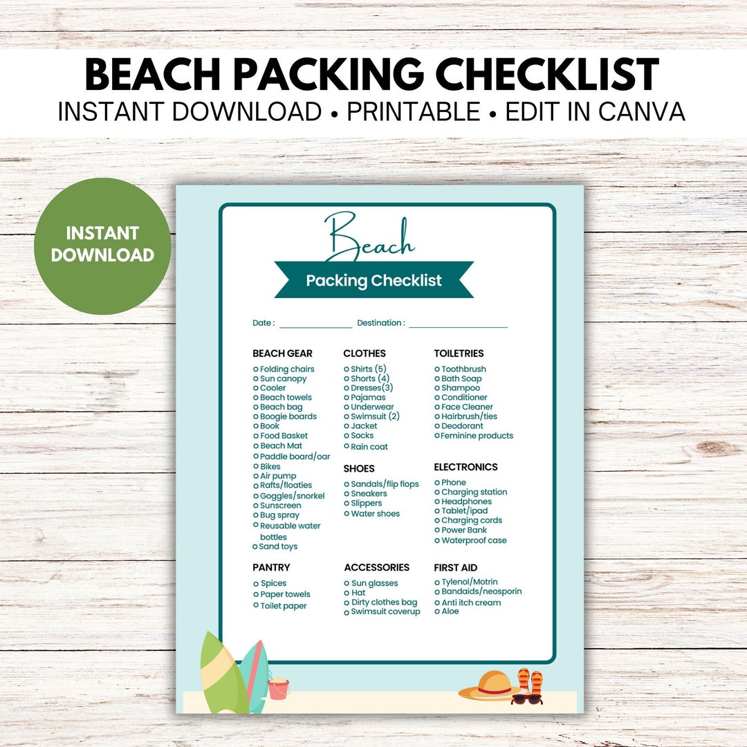 Printable Beach Packing List Packing List Vacation Packing Etsy Printable Beach Packing List Packing List Vacation Packing Etsy