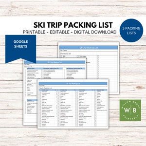 Può includere: Lista di imballaggio per un viaggio di sci stampabile con tre liste di controllo: una lista della spesa, una lista di imballaggio personale e una lista di imballaggio familiare. Le liste di controllo sono in uno schema di colori blu e bianco con caselle di controllo per ogni articolo.