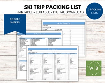 Printable ski trip packing list, digital checklist, family packing list, google sheets