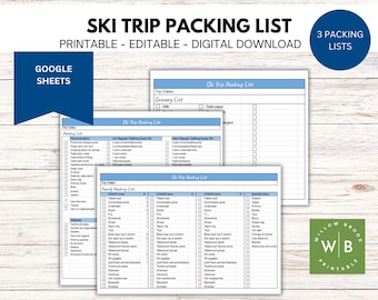 Printable ski trip packing list, digital checklist, family packing list, google sheets