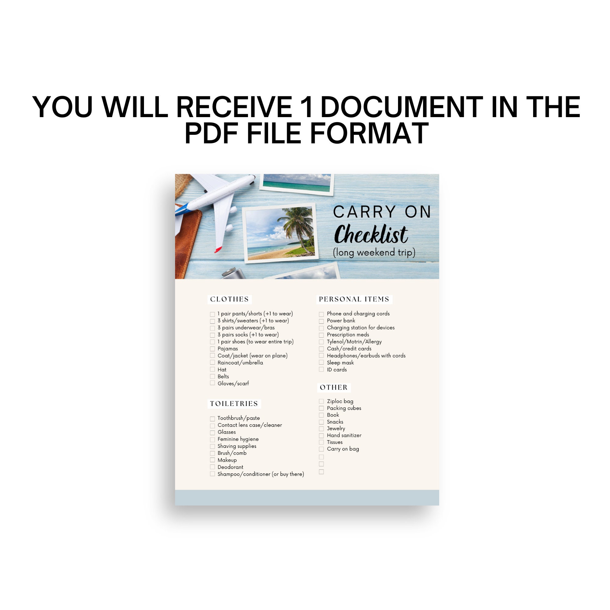 Carryon Bag Packing List Printable Travel Vacation Planner - Etsy