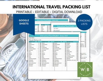 International Packing List, Google Sheets, Editable Packing Checklist
