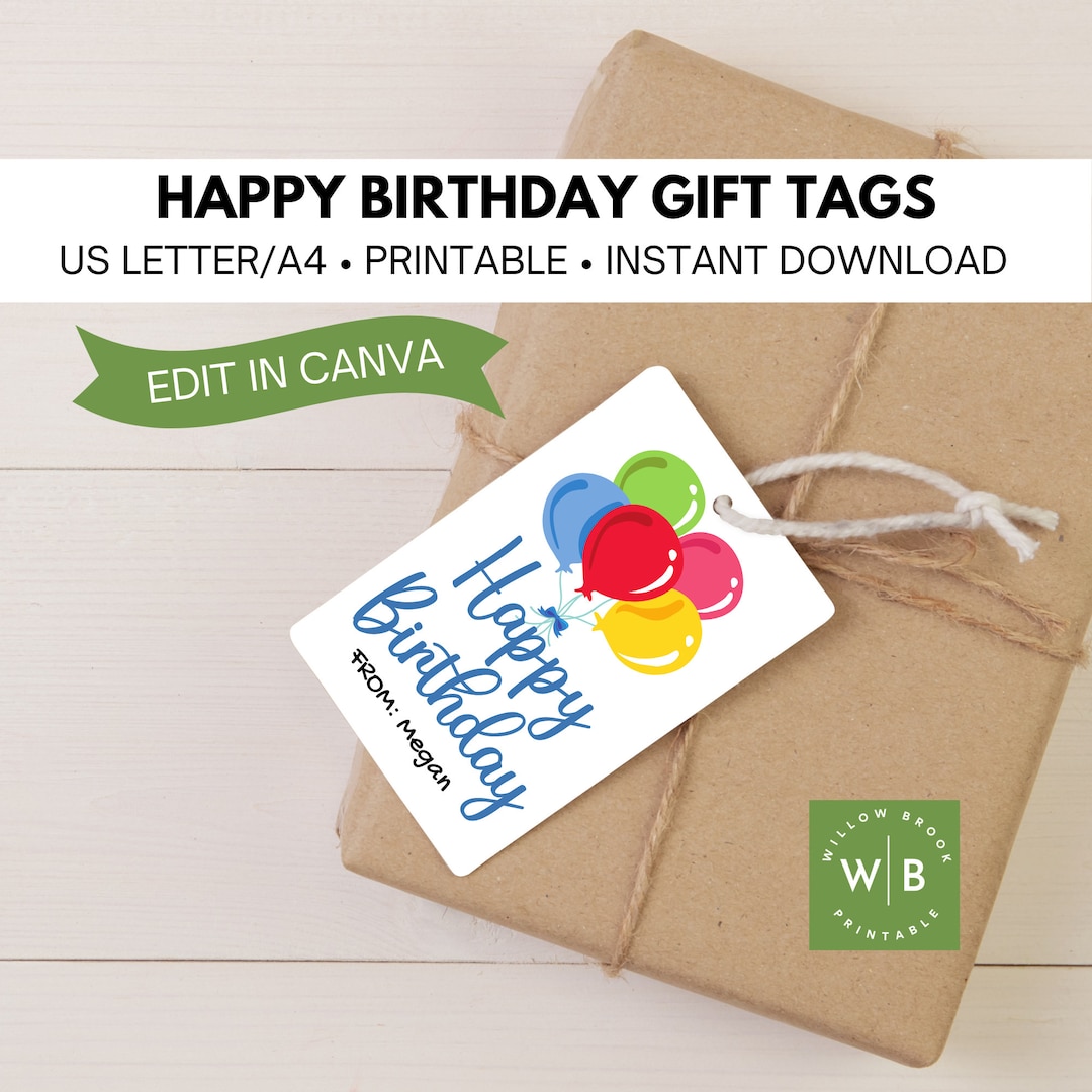 Rainbow Balloons Happy Birthday Tag, Printable Canva Gift Tags ...